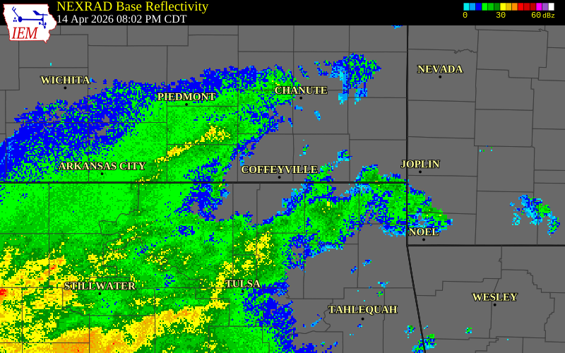 NEXRAD radar during the Tuesday, April 14, 2026 storm activity in Montgomery County, Kansas