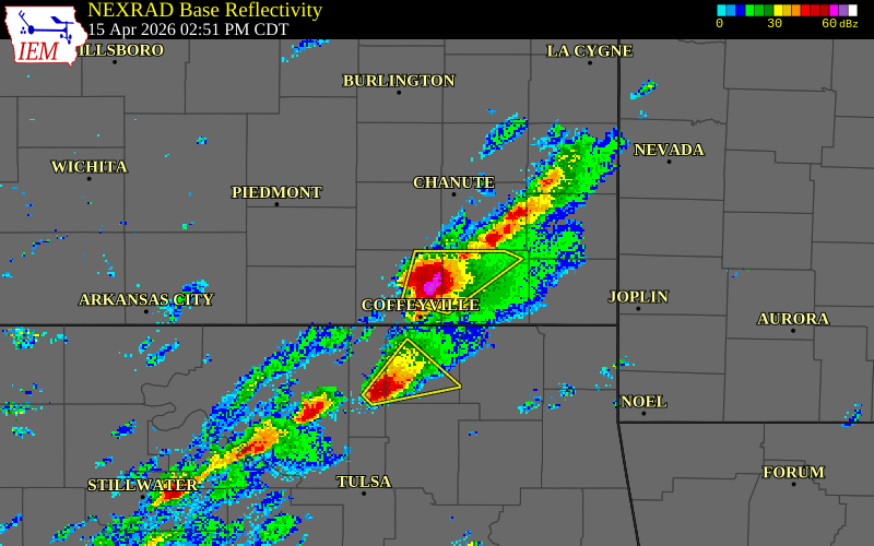 NEXRAD radar during the Wednesday, April 15, 2026 storm activity in Montgomery County, Kansas