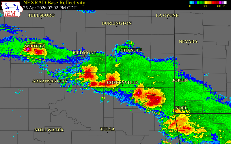 NEXRAD radar during the Saturday, April 25, 2026 storm activity in Montgomery County, Kansas