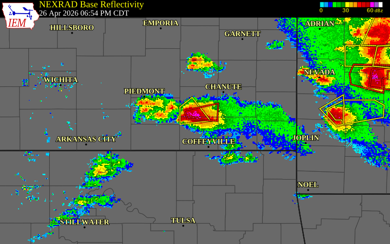 NEXRAD radar during the Sunday, April 26, 2026 storm activity in Montgomery County, Kansas