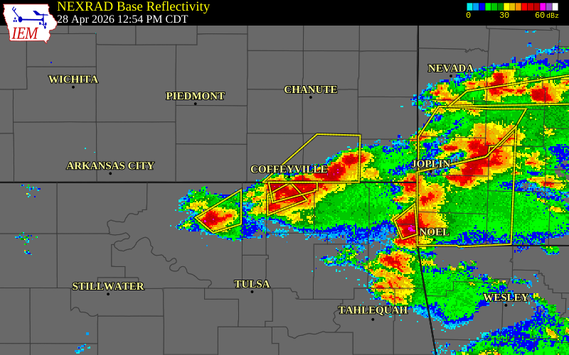 NEXRAD radar during the Tuesday, April 28, 2026 storm activity in Montgomery County, Kansas