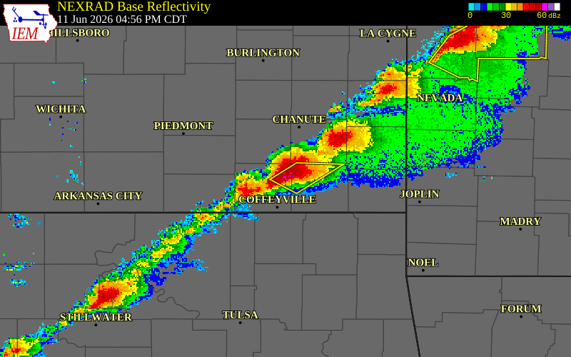 NEXRAD radar during the Thursday, June 11, 2026 storm activity in Montgomery County, Kansas