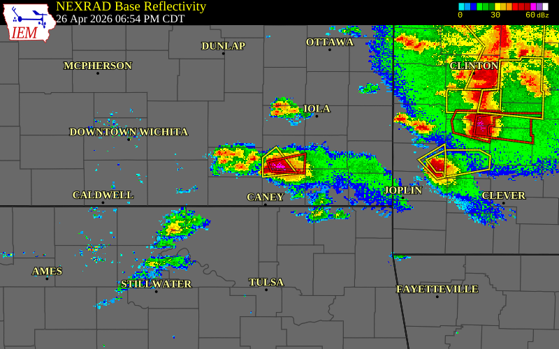 Radar snapshot during the Apr 26, 2026 tornado event near 4 W Sycamore, Montgomery County, Kansas, with NWS warning polygons
