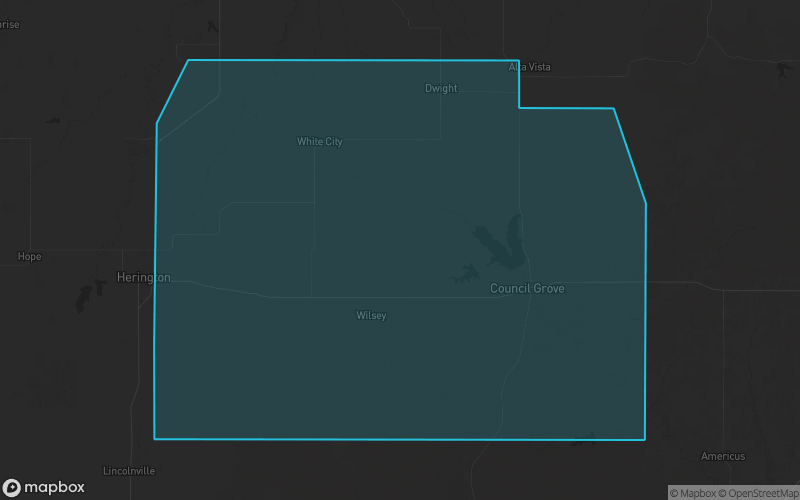 Map of Morris County, Kansas showing the county boundary and surrounding cities
