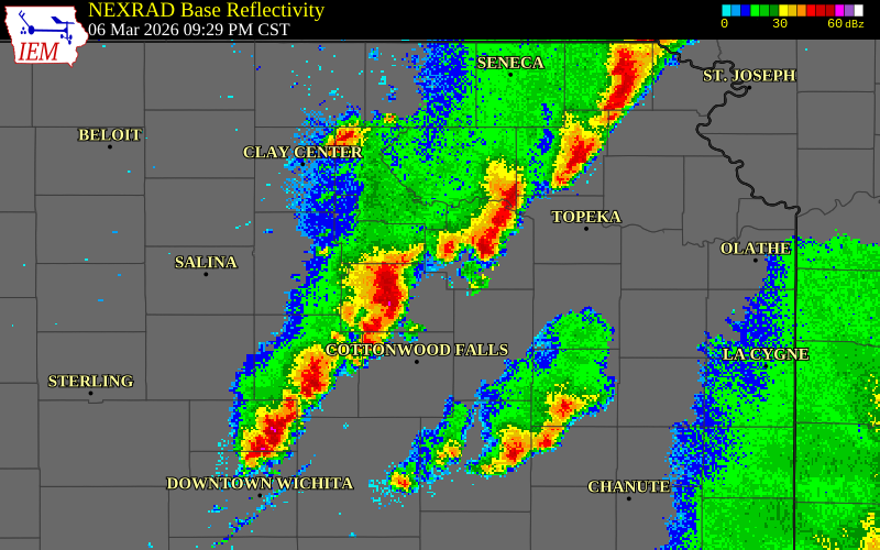 NEXRAD radar during the Friday, March 6, 2026 storm activity in Morris County, Kansas