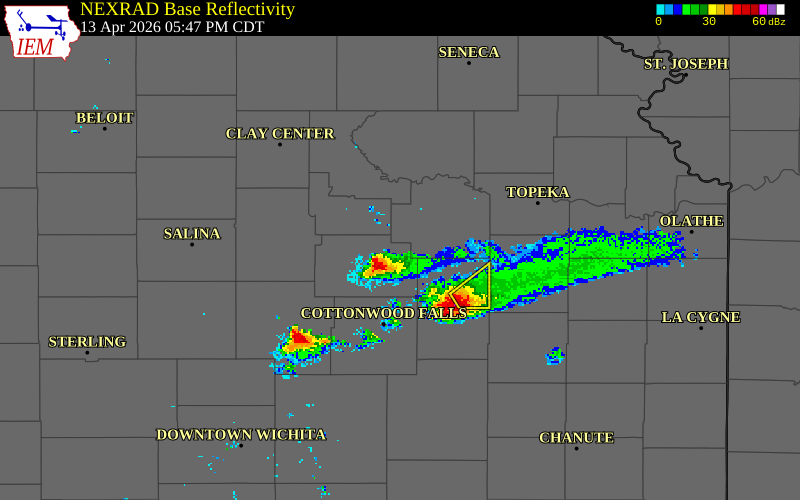 NEXRAD radar during the Monday, April 13, 2026 storm activity in Morris County, Kansas