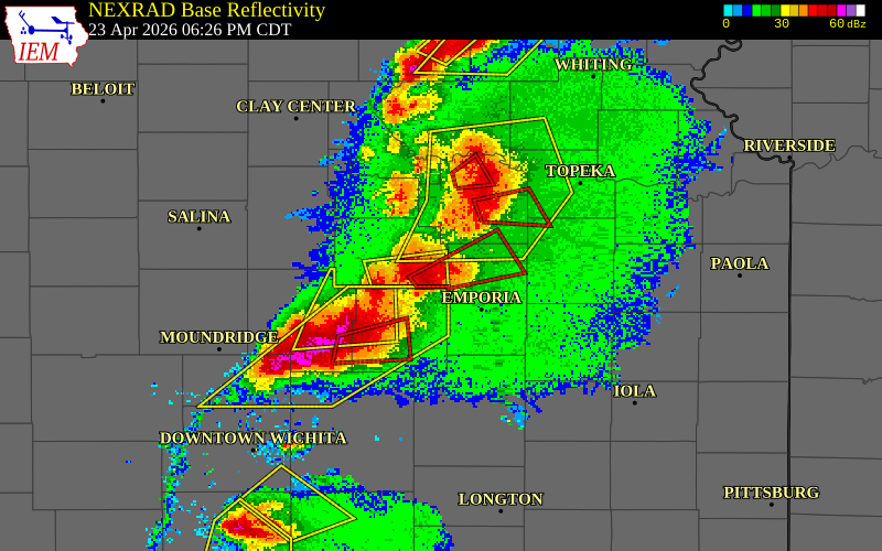 NEXRAD radar during the Thursday, April 23, 2026 storm activity in Morris County, Kansas
