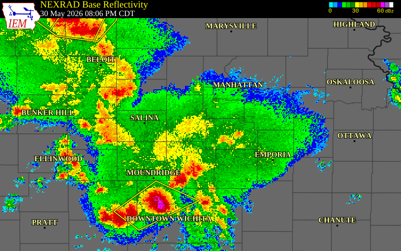 NEXRAD radar during the Saturday, May 30, 2026 storm activity in Morris County, Kansas