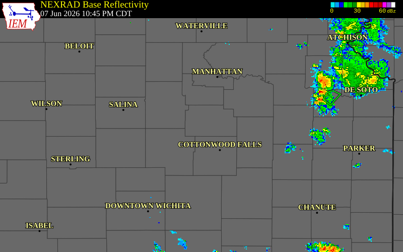 NEXRAD radar during the Sunday, June 7, 2026 storm activity in Morris County, Kansas