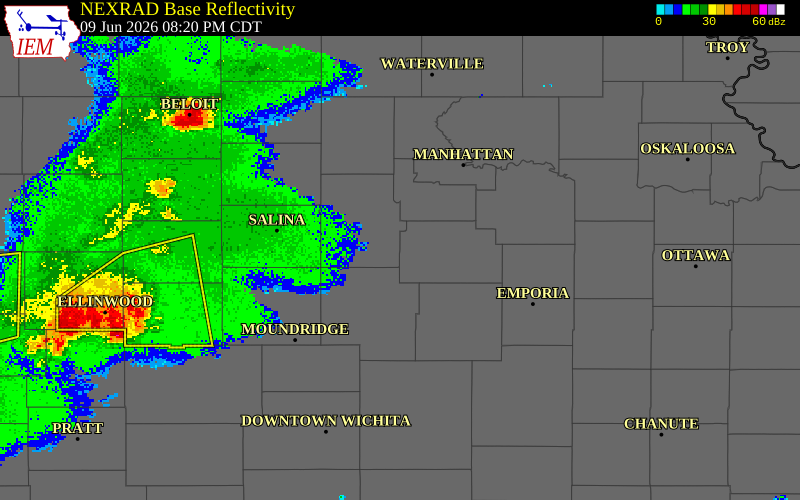 NEXRAD radar during the Tuesday, June 9, 2026 storm activity in Morris County, Kansas