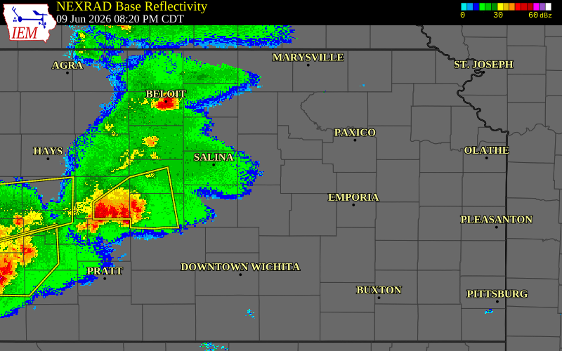 Radar snapshot during the Jun 9, 2026 tornado event near 3 NNE Herington, Morris County, Kansas, with NWS warning polygons