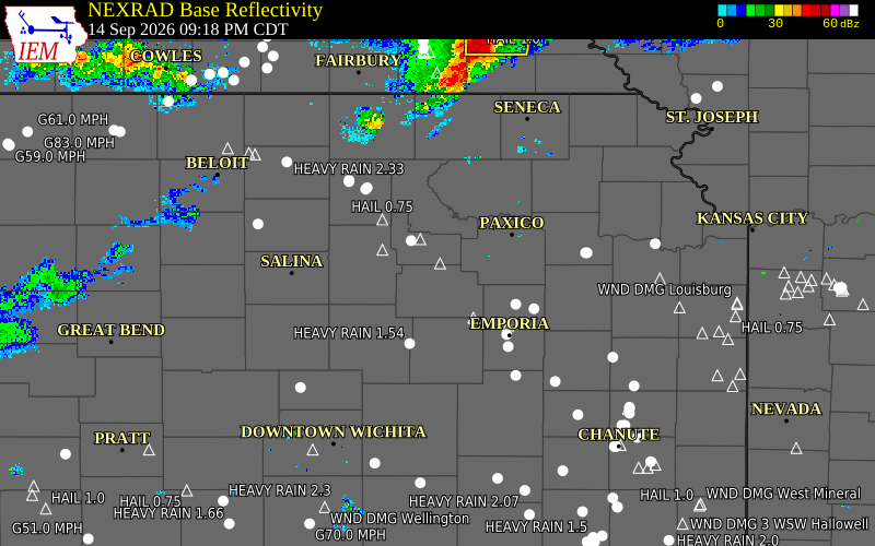 Current NEXRAD radar over Morris County, Kansas with recent storm report locations