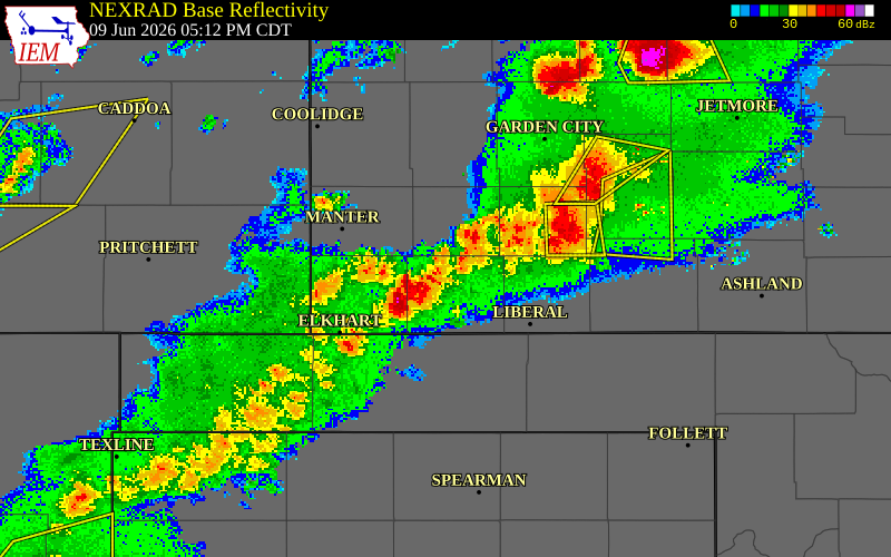NEXRAD radar during the Tuesday, June 9, 2026 storm activity in Morton County, Kansas