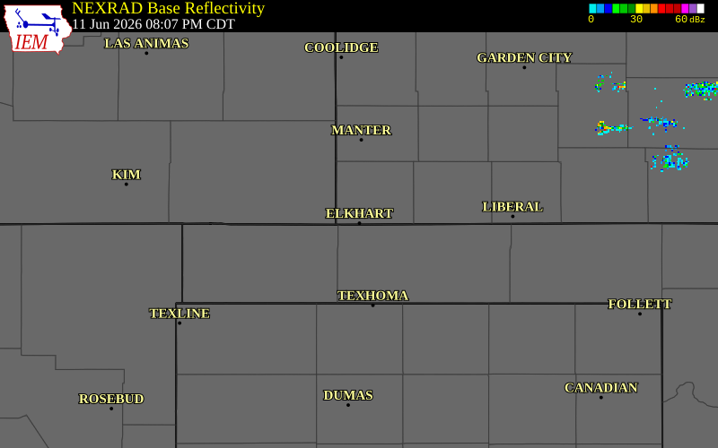 NEXRAD radar during the Thursday, June 11, 2026 storm activity in Morton County, Kansas