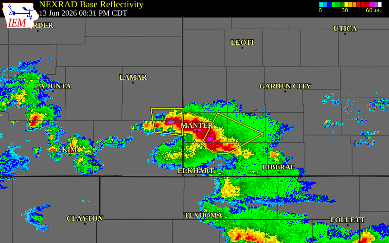 NEXRAD radar during the Saturday, June 13, 2026 storm activity in Morton County, Kansas