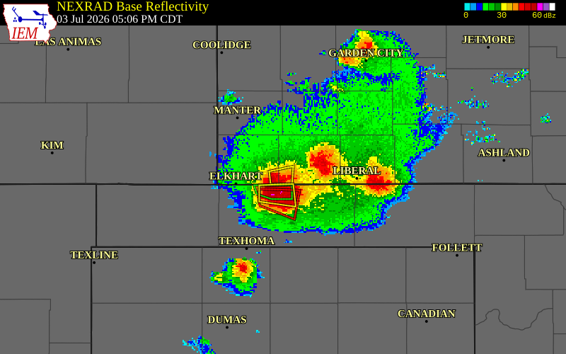 NEXRAD radar during the Friday, July 3, 2026 storm activity in Morton County, Kansas
