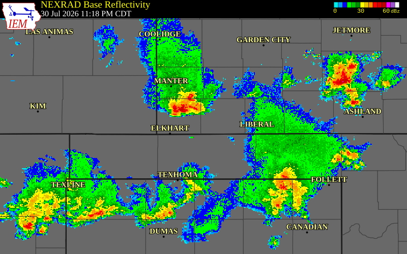 NEXRAD radar during the Thursday, July 30, 2026 storm activity in Morton County, Kansas