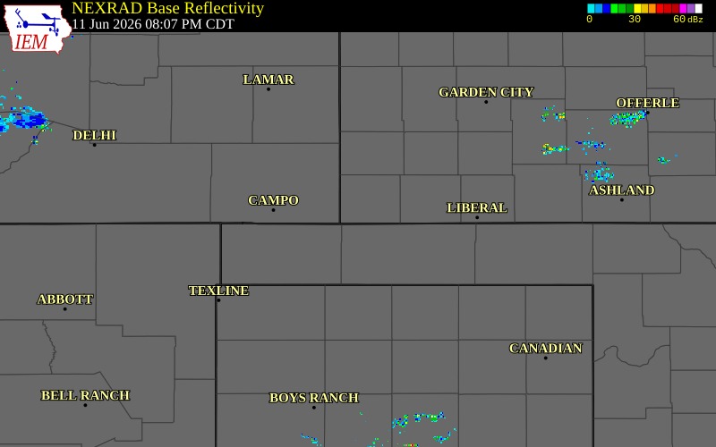 Radar snapshot during the Jun 11, 2026 hail event near Elkhart, Morton County, Kansas, with NWS warning polygons