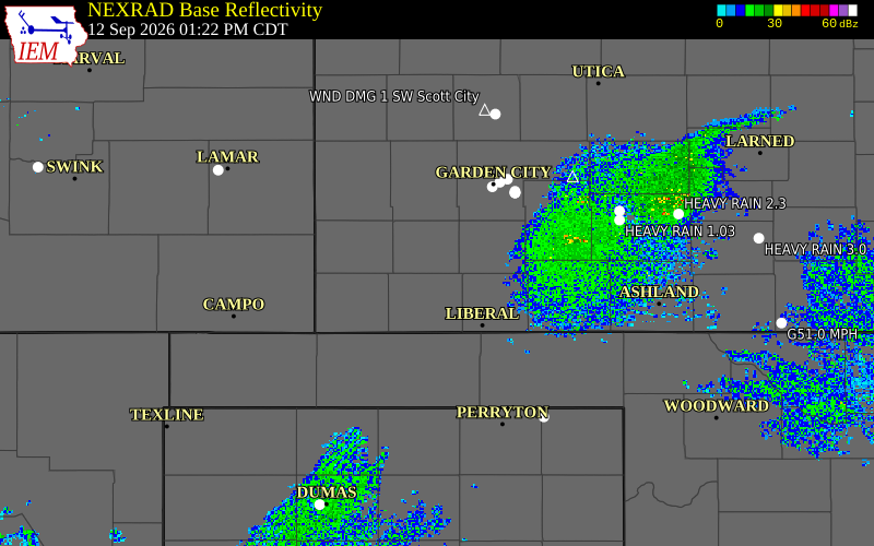 Current NEXRAD radar over Morton County, Kansas with recent storm report locations