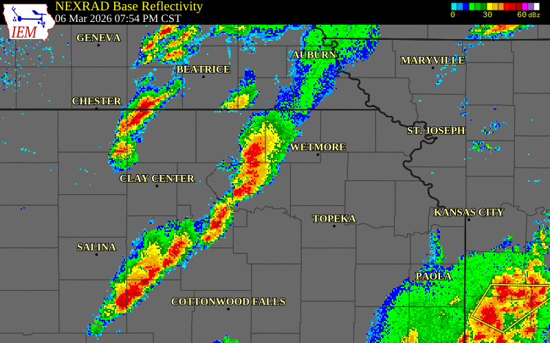 NEXRAD radar during the Friday, March 6, 2026 storm activity in Nemaha County, Kansas