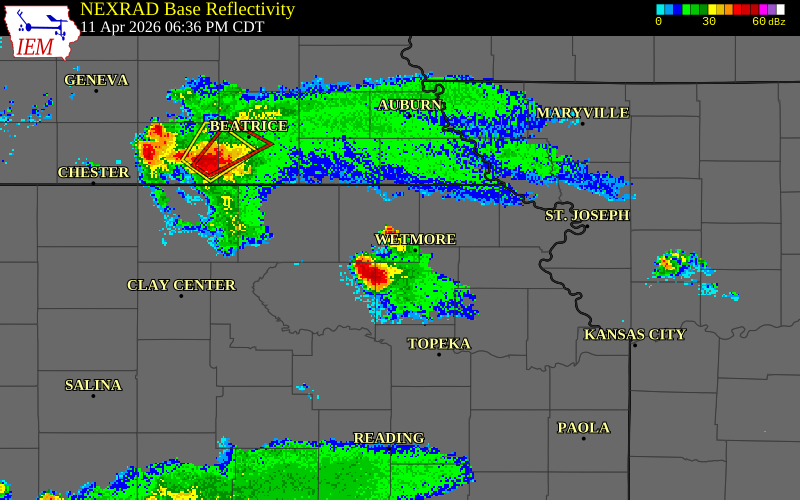 NEXRAD radar during the Saturday, April 11, 2026 storm activity in Nemaha County, Kansas