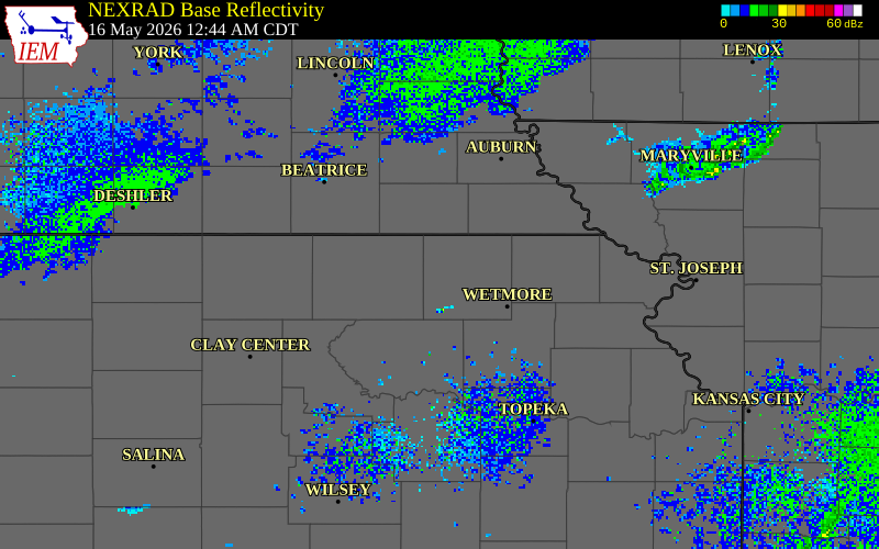 NEXRAD radar during the Saturday, May 16, 2026 storm activity in Nemaha County, Kansas