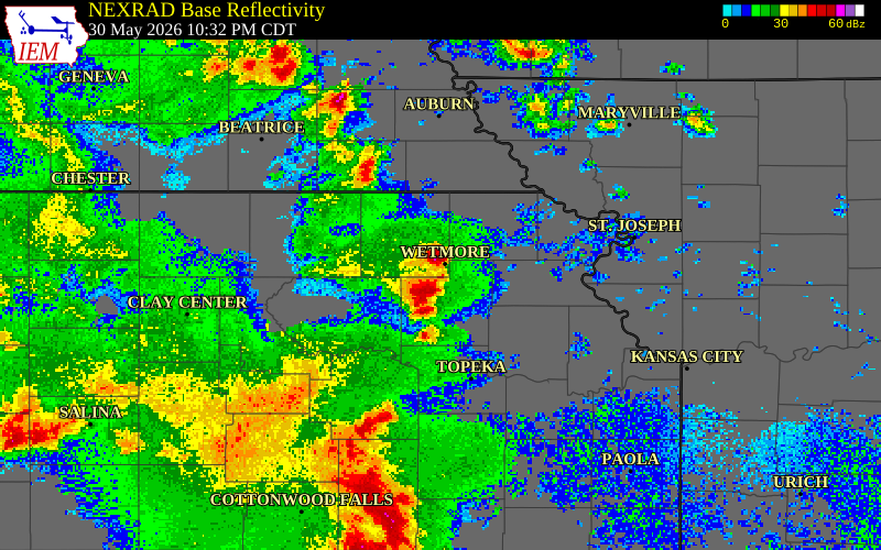 NEXRAD radar during the Saturday, May 30, 2026 storm activity in Nemaha County, Kansas