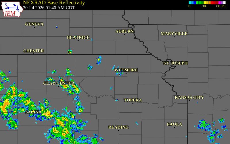 NEXRAD radar during the Thursday, July 30, 2026 storm activity in Nemaha County, Kansas