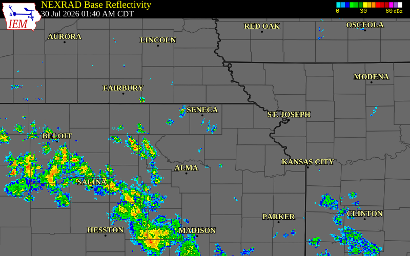 Radar snapshot during the Jul 30, 2026 wind event near Corning, Nemaha County, Kansas, with NWS warning polygons