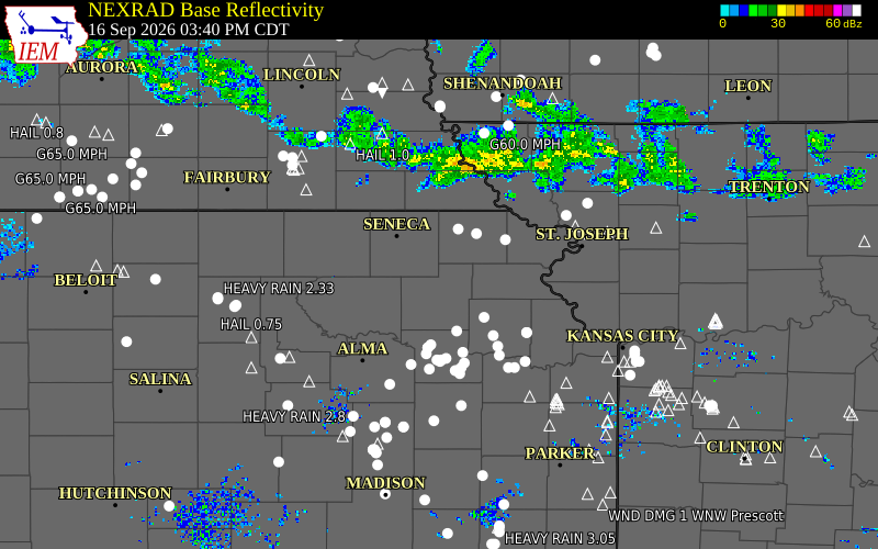 Current NEXRAD radar over Nemaha County, Kansas with recent storm report locations
