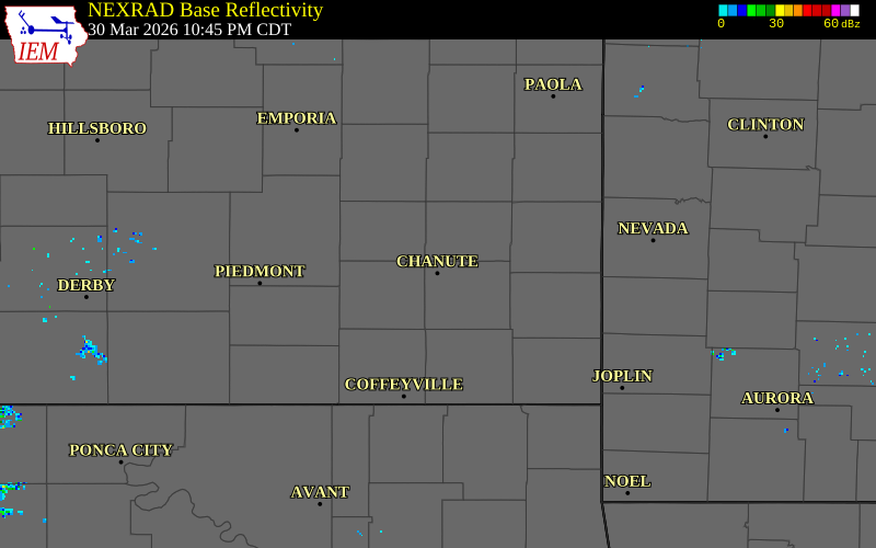 NEXRAD radar during the Monday, March 30, 2026 storm activity in Neosho County, Kansas