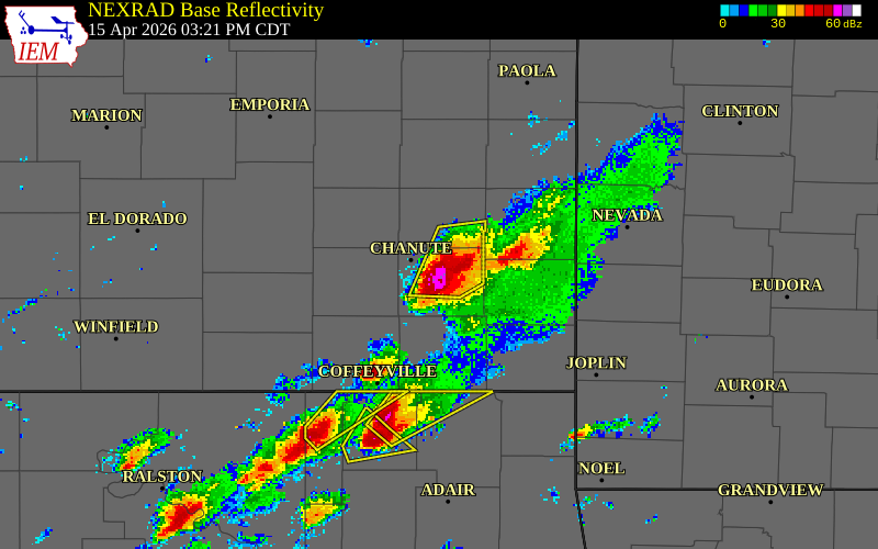 NEXRAD radar during the Wednesday, April 15, 2026 storm activity in Neosho County, Kansas