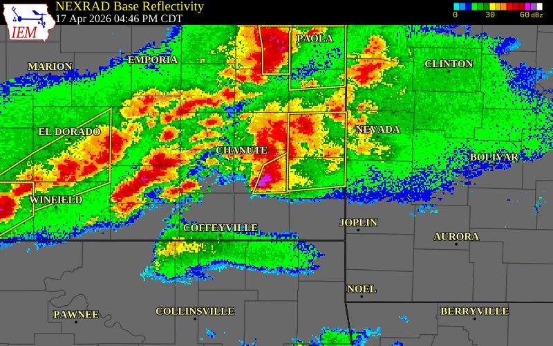 NEXRAD radar during the Friday, April 17, 2026 storm activity in Neosho County, Kansas