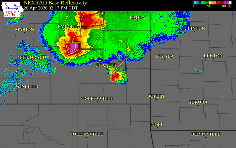 NEXRAD radar during the Sunday, April 26, 2026 storm activity in Neosho County, Kansas