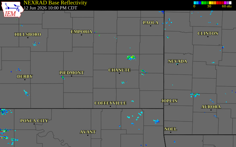 NEXRAD radar during the Friday, June 12, 2026 storm activity in Neosho County, Kansas