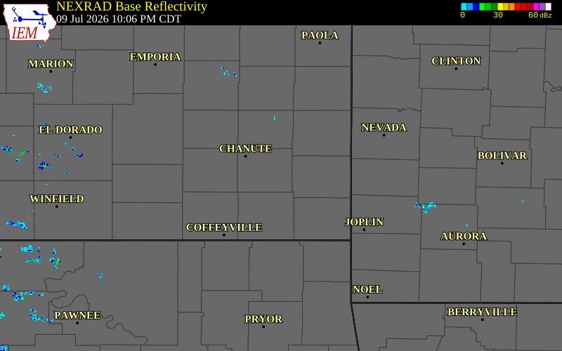 NEXRAD radar during the Thursday, July 9, 2026 storm activity in Neosho County, Kansas