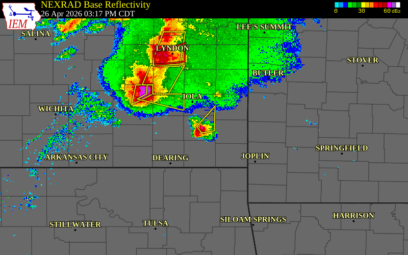 Radar snapshot during the Apr 26, 2026 hail event near Erie, Neosho County, Kansas, with NWS warning polygons