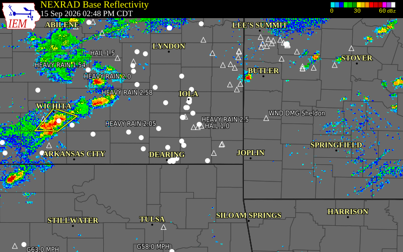 Current NEXRAD radar over Neosho County, Kansas with recent storm report locations