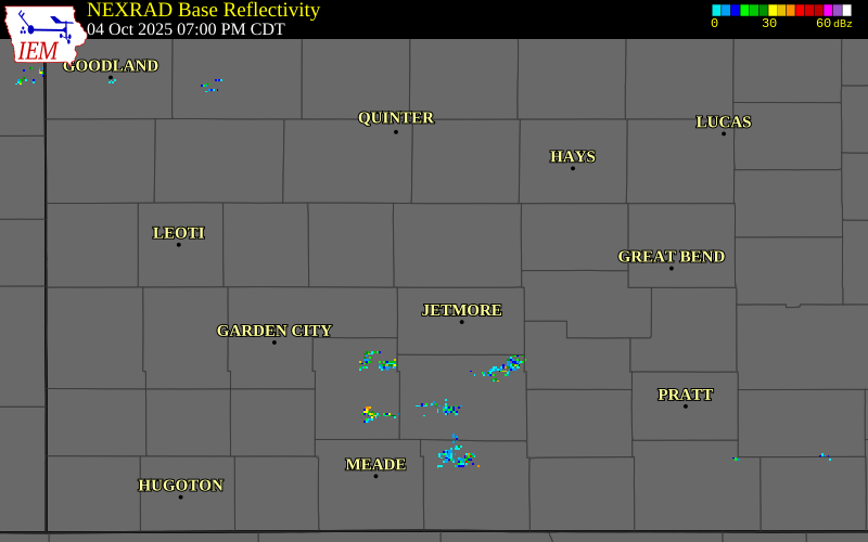 NEXRAD radar during the Saturday, October 4, 2025 storm activity in Ness County, Kansas