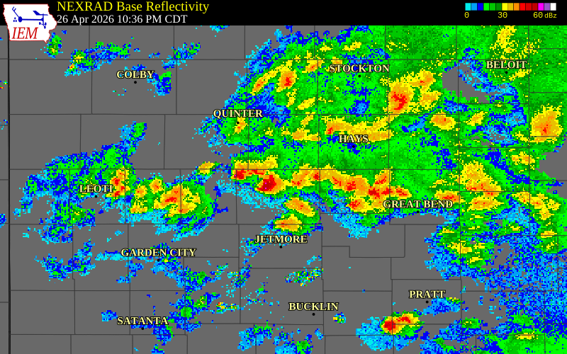NEXRAD radar during the Sunday, April 26, 2026 storm activity in Ness County, Kansas
