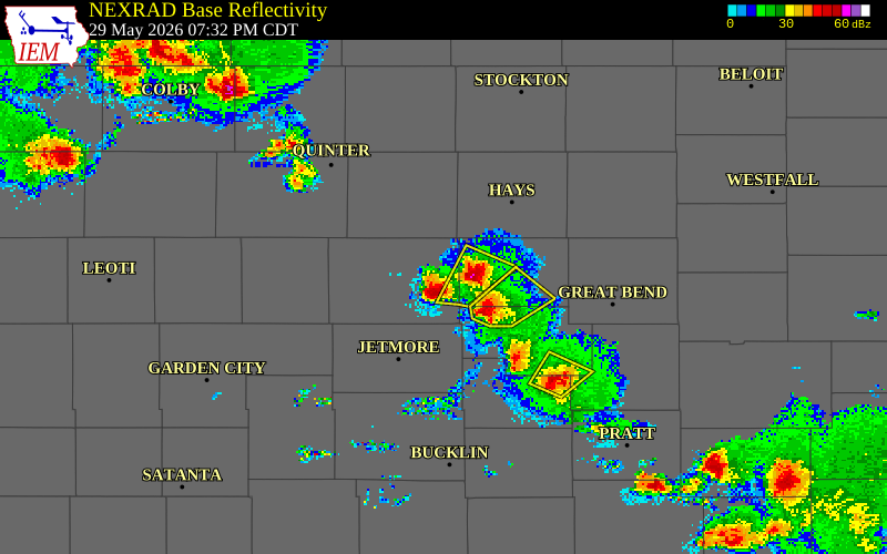NEXRAD radar during the Friday, May 29, 2026 storm activity in Ness County, Kansas