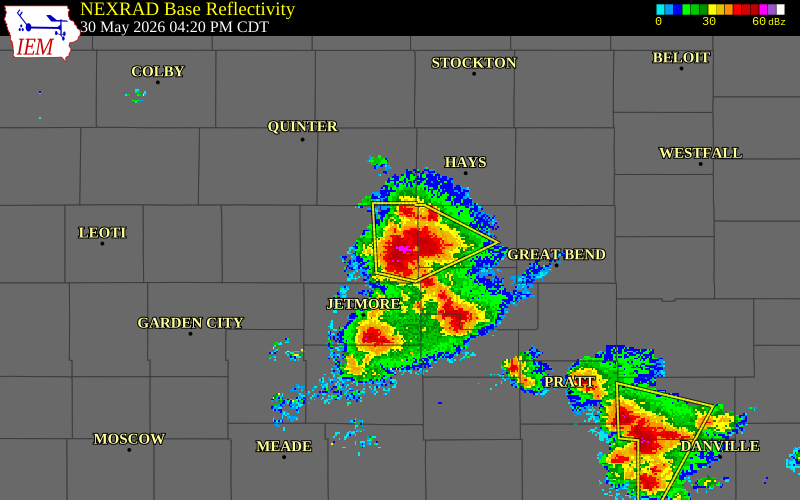 NEXRAD radar during the Saturday, May 30, 2026 storm activity in Ness County, Kansas