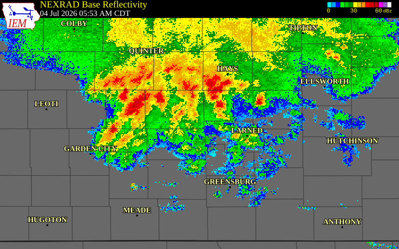 NEXRAD radar during the Saturday, July 4, 2026 storm activity in Ness County, Kansas