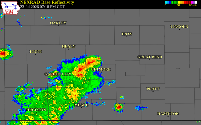 NEXRAD radar during the Thursday, July 23, 2026 storm activity in Ness County, Kansas