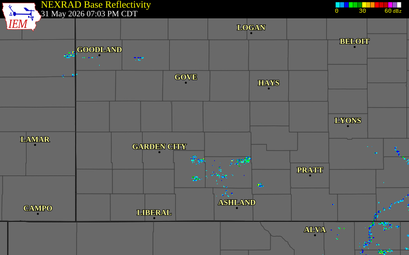 Radar snapshot during the May 31, 2026 hail event near 8 SSW Beeler, Ness County, Kansas, with NWS warning polygons