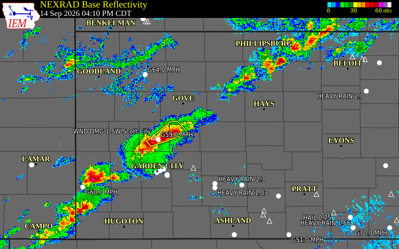 Current NEXRAD radar over Ness County, Kansas with recent storm report locations