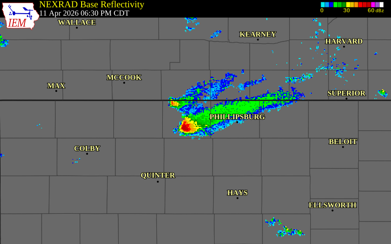 NEXRAD radar during the Saturday, April 11, 2026 storm activity in Norton County, Kansas