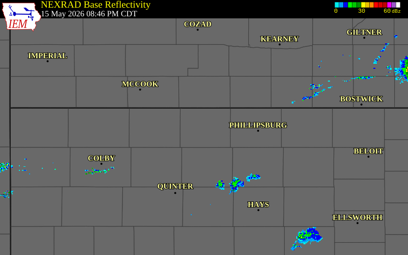 NEXRAD radar during the Friday, May 15, 2026 storm activity in Norton County, Kansas
