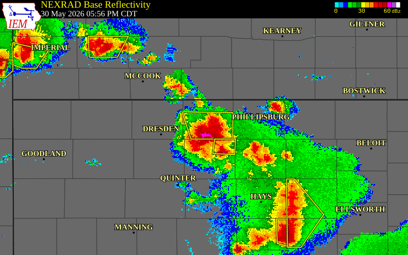 NEXRAD radar during the Saturday, May 30, 2026 storm activity in Norton County, Kansas