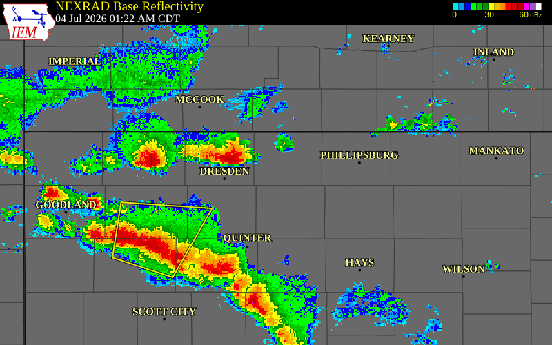 NEXRAD radar during the Saturday, July 4, 2026 storm activity in Norton County, Kansas